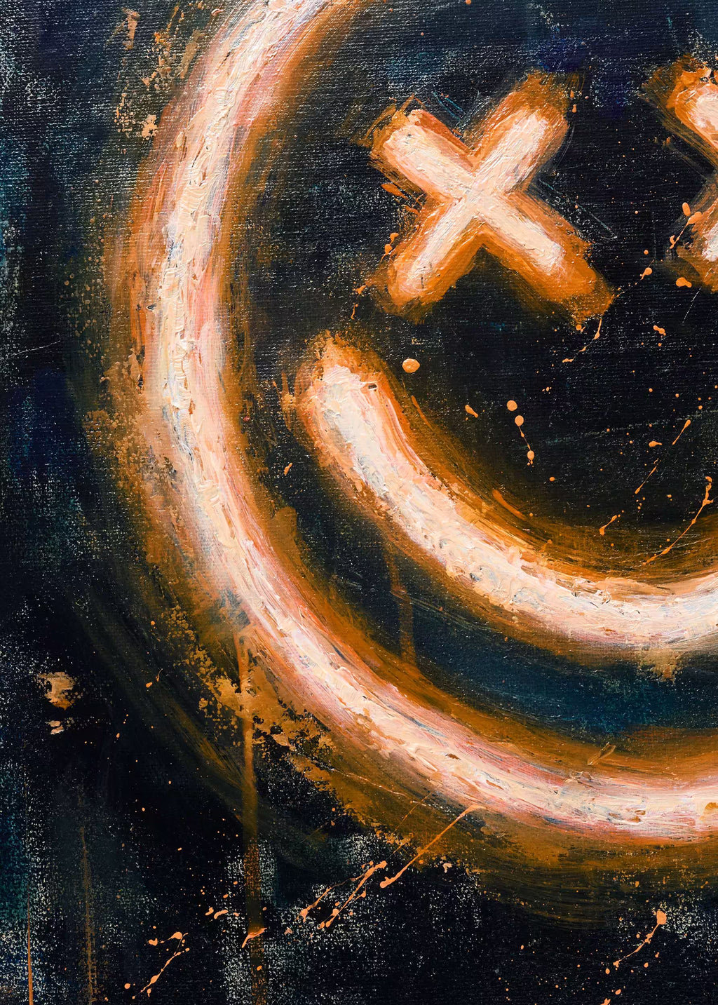 Primer plano del ojo X pintado a mano — impasto acrílico y óleo, pintura Smiley Crystal Peppers