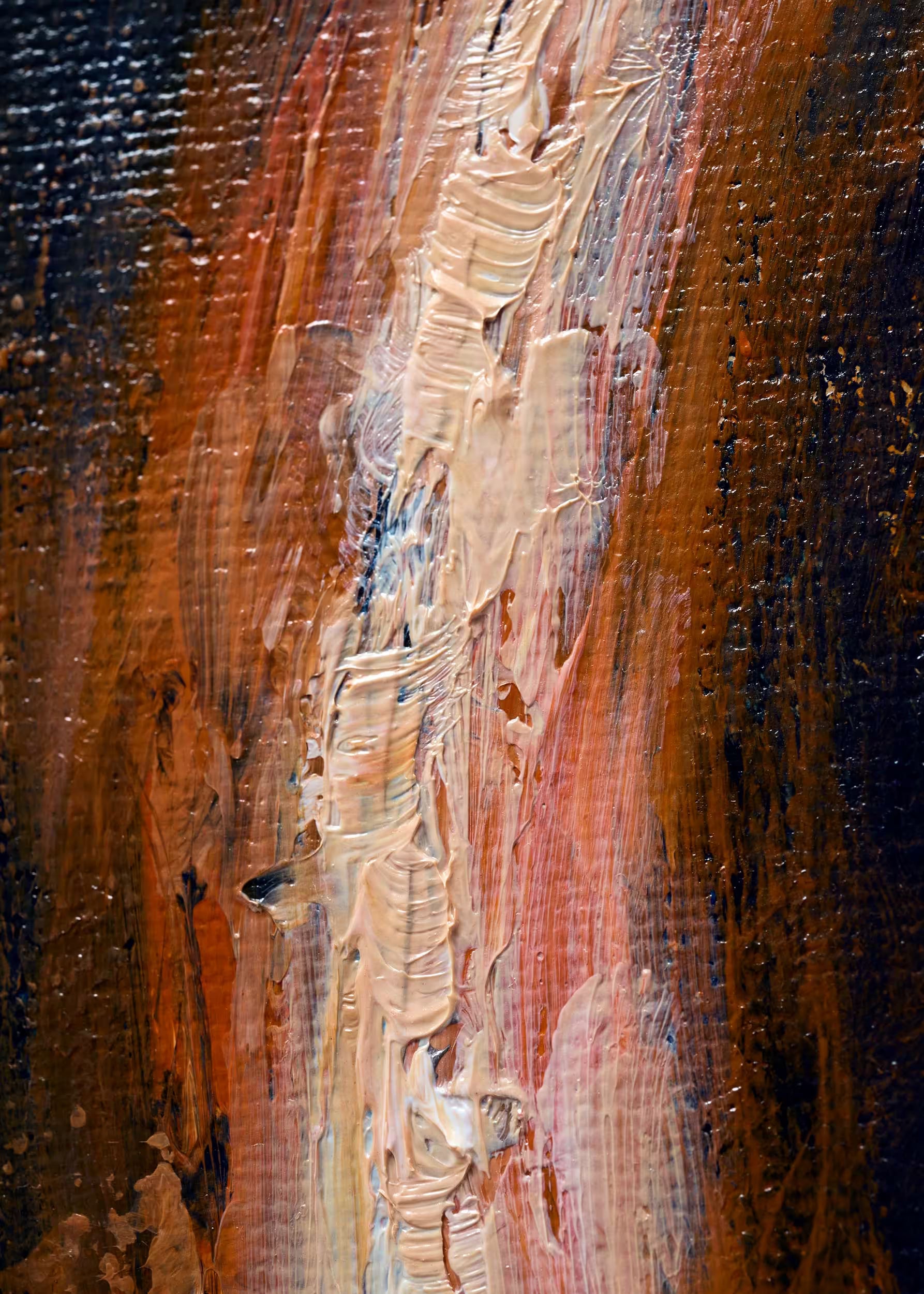Detalle de goterones de pintura cobre sobre fondo azul oscuro — pintura original Smiley Crystal Peppers