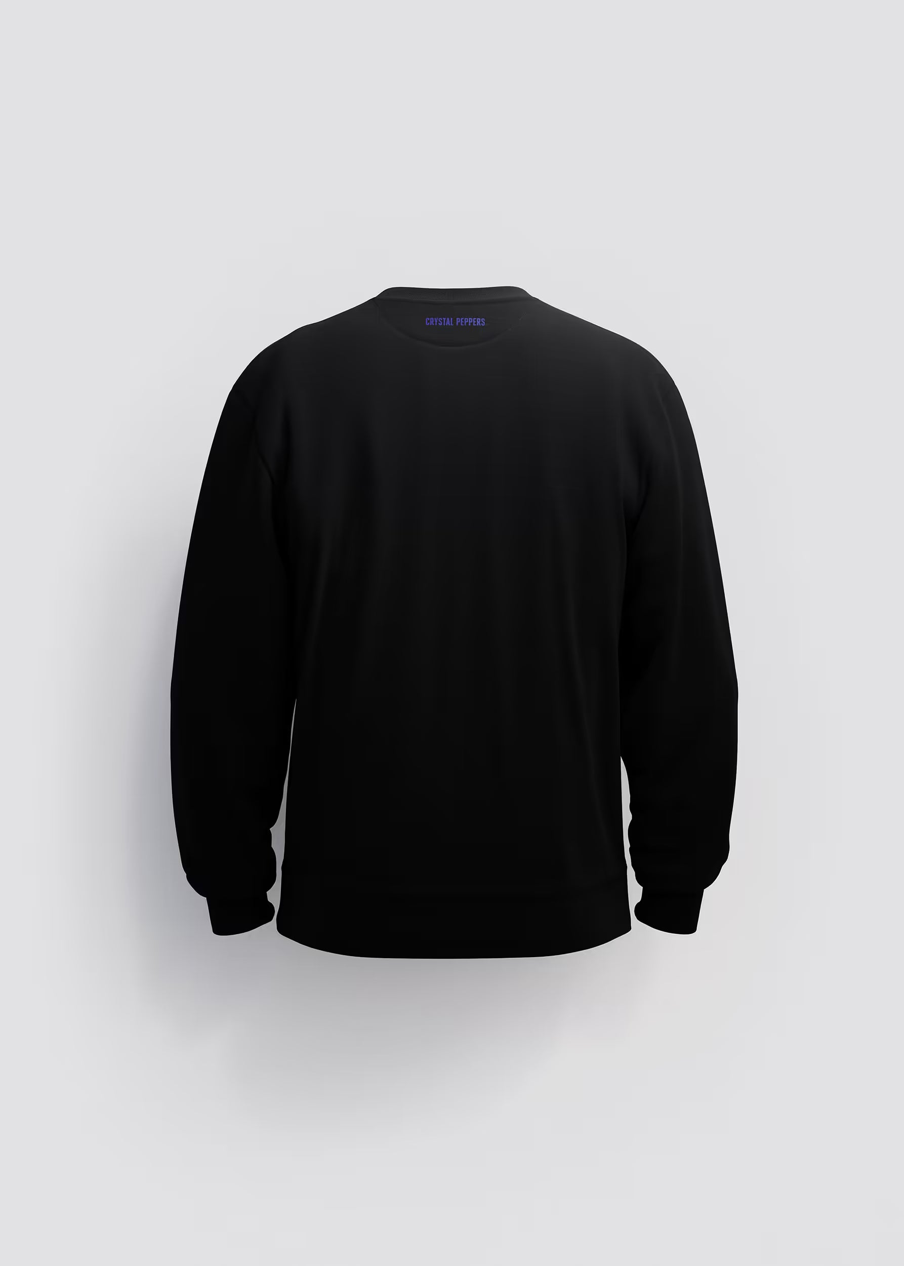 Sudadera negra Good Things Take Time — vista trasera limpia con logo Crystal Peppers serigrafiado en azul en el cuello