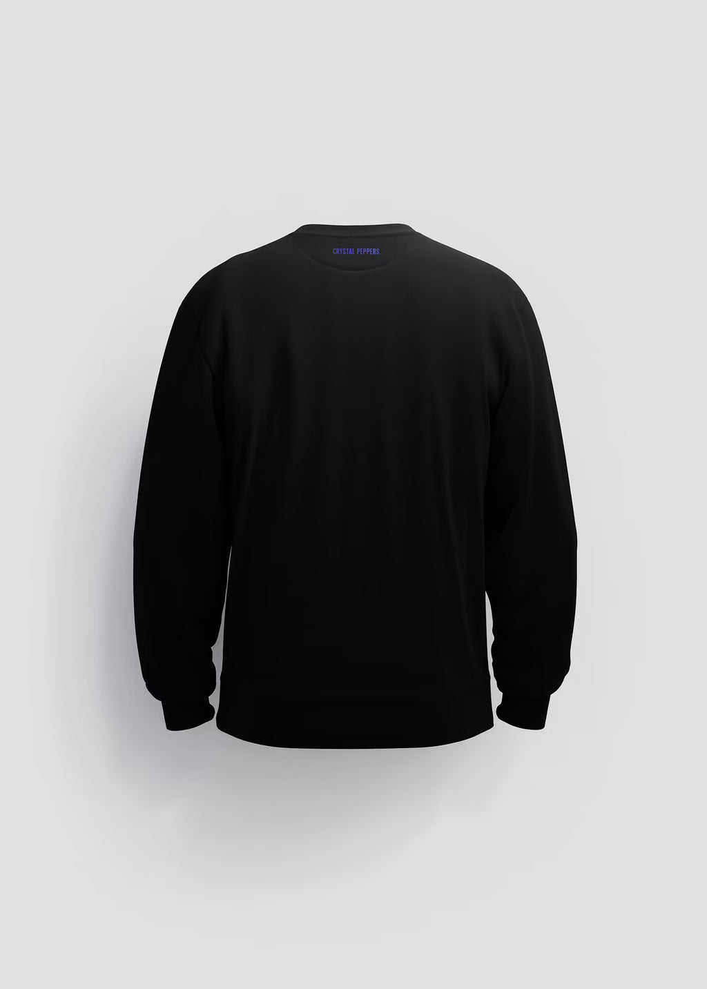 Sudadera negra Good Things Take Time — vista trasera limpia con logo Crystal Peppers serigrafiado en azul en el cuello