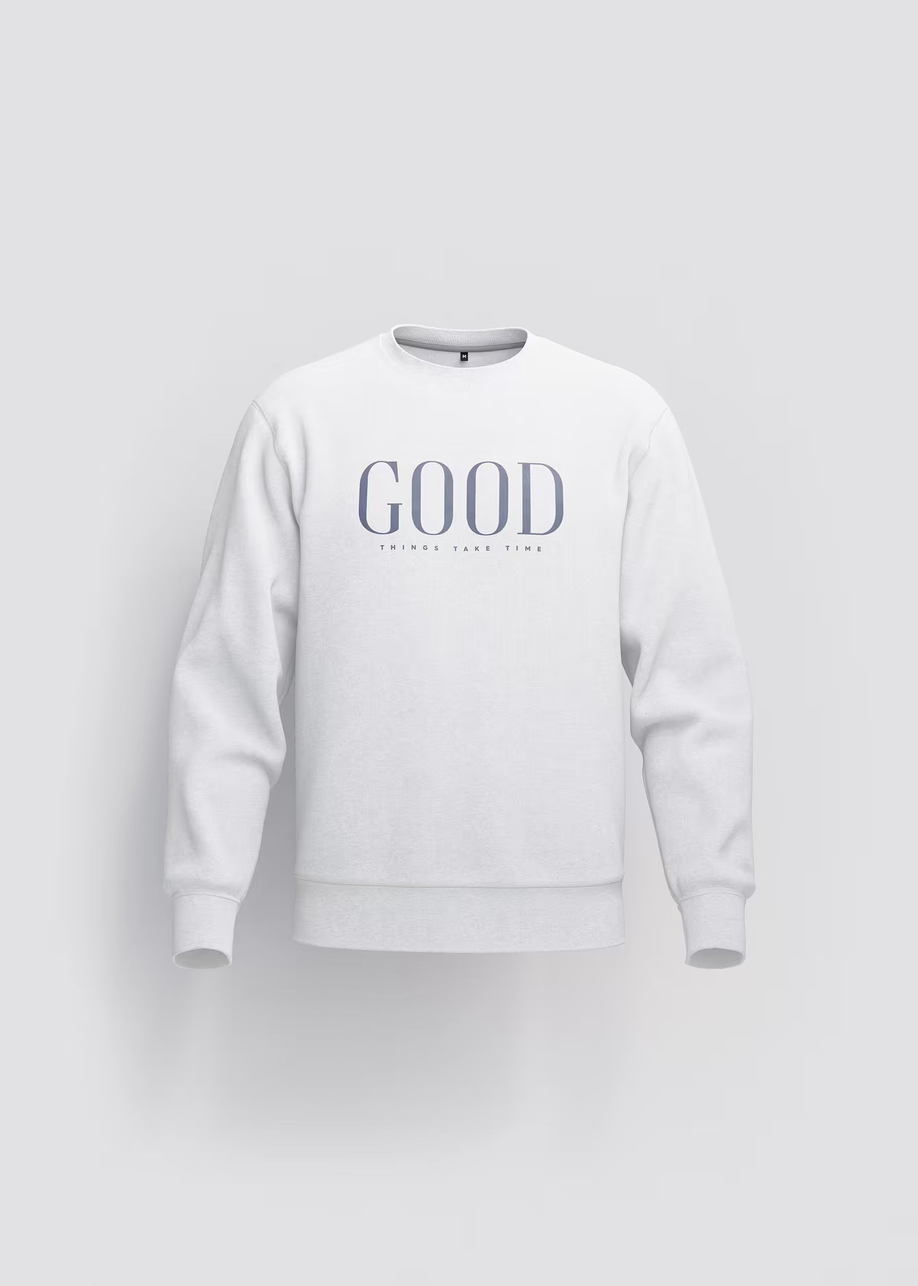 Sudadera blanco nieve Good Things Take Time — vista frontal con serigrafía GOOD en gris azulado, Crystal Peppers