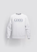 Sudadera blanco nieve Good Things Take Time — vista frontal con serigrafía GOOD en gris azulado, Crystal Peppers