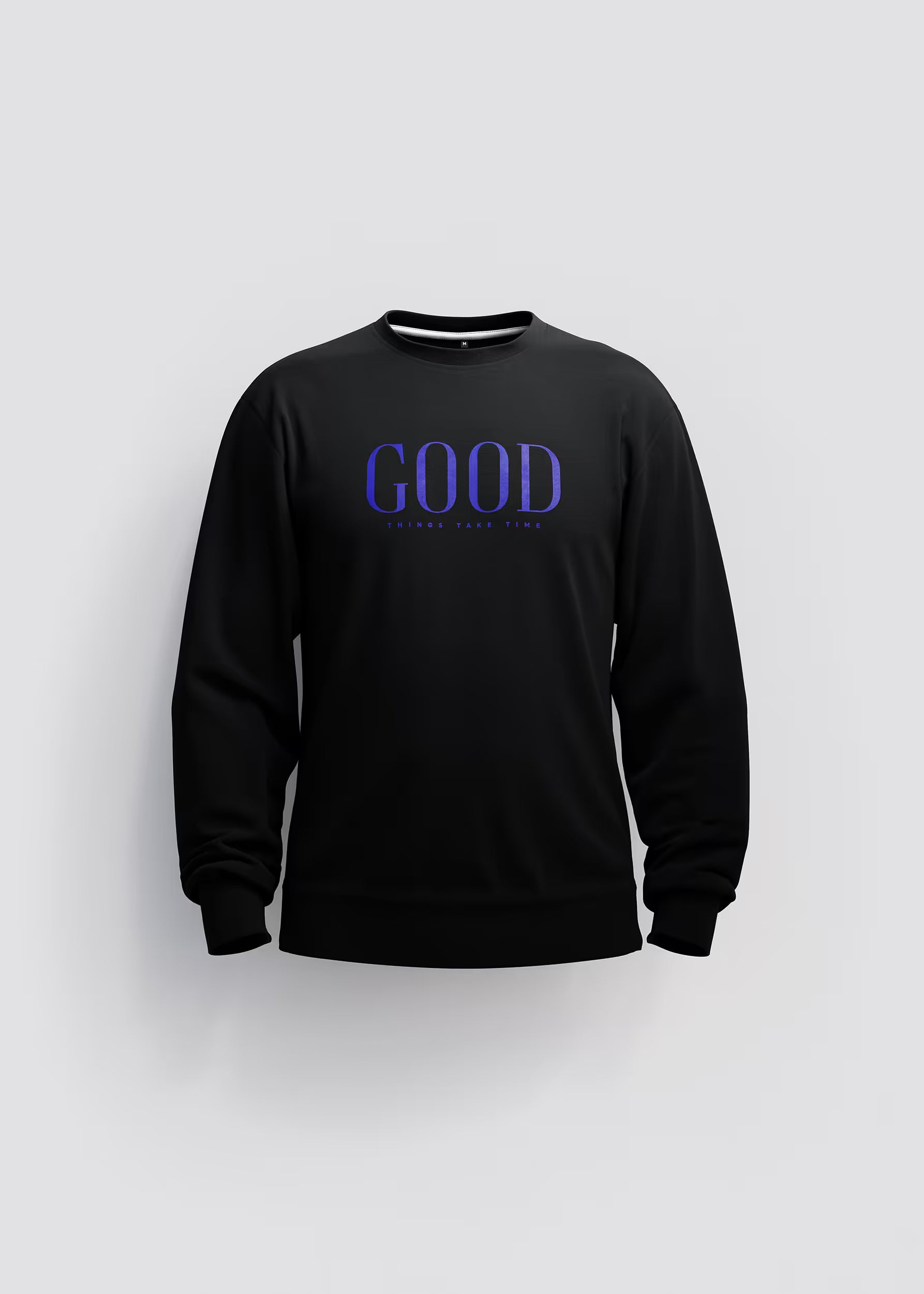 Sudadera negra Good Things Take Time — vista frontal con serigrafía GOOD en azul eléctrico, Crystal Peppers