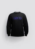 Sudadera negra Good Things Take Time — vista frontal con serigrafía GOOD en azul eléctrico, Crystal Peppers