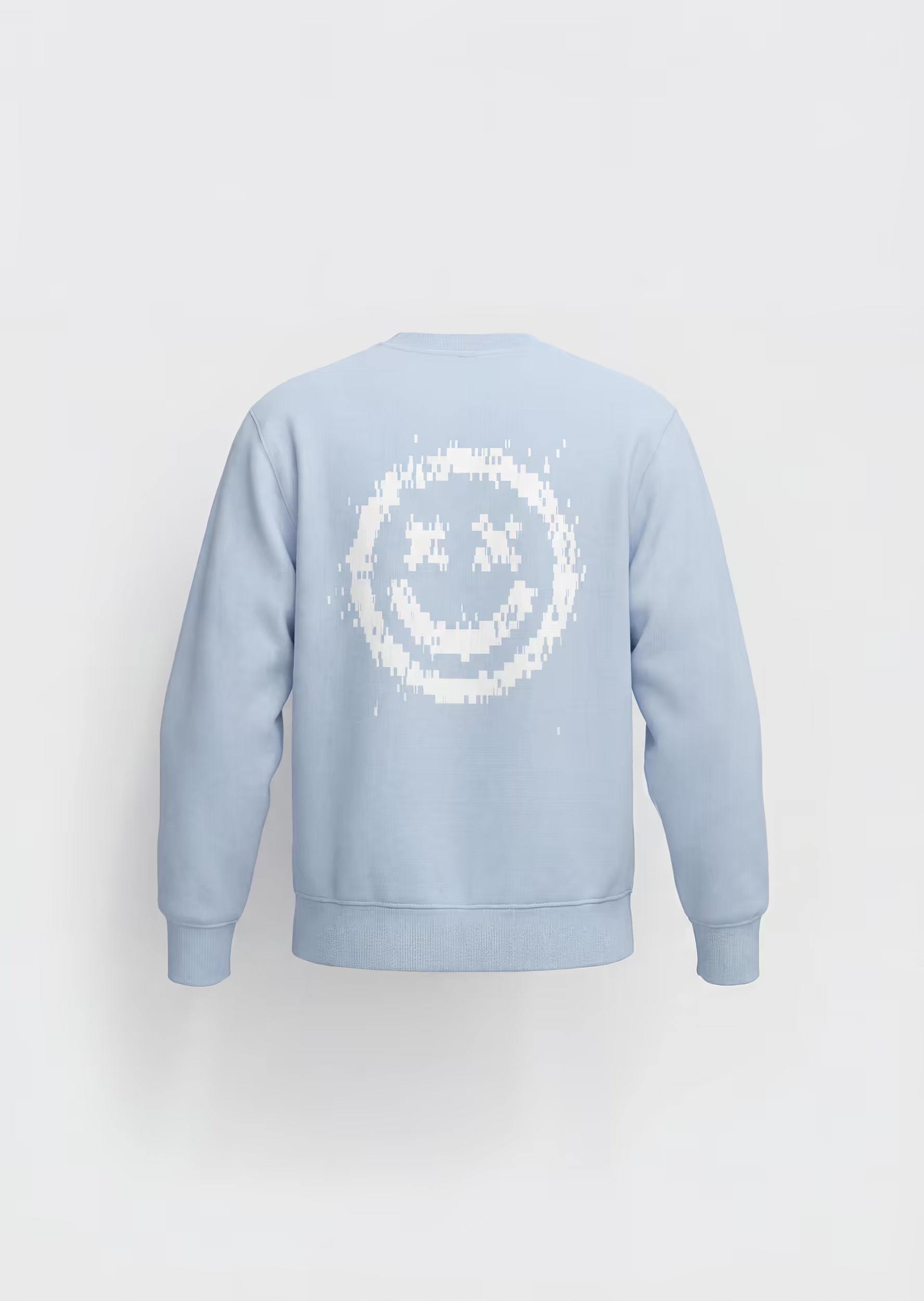 Sudadera Smiley Pixel Art Crystal Peppers azul celeste — vista trasera con serigrafía smiley blanca de efecto glitch y bordes pixelados