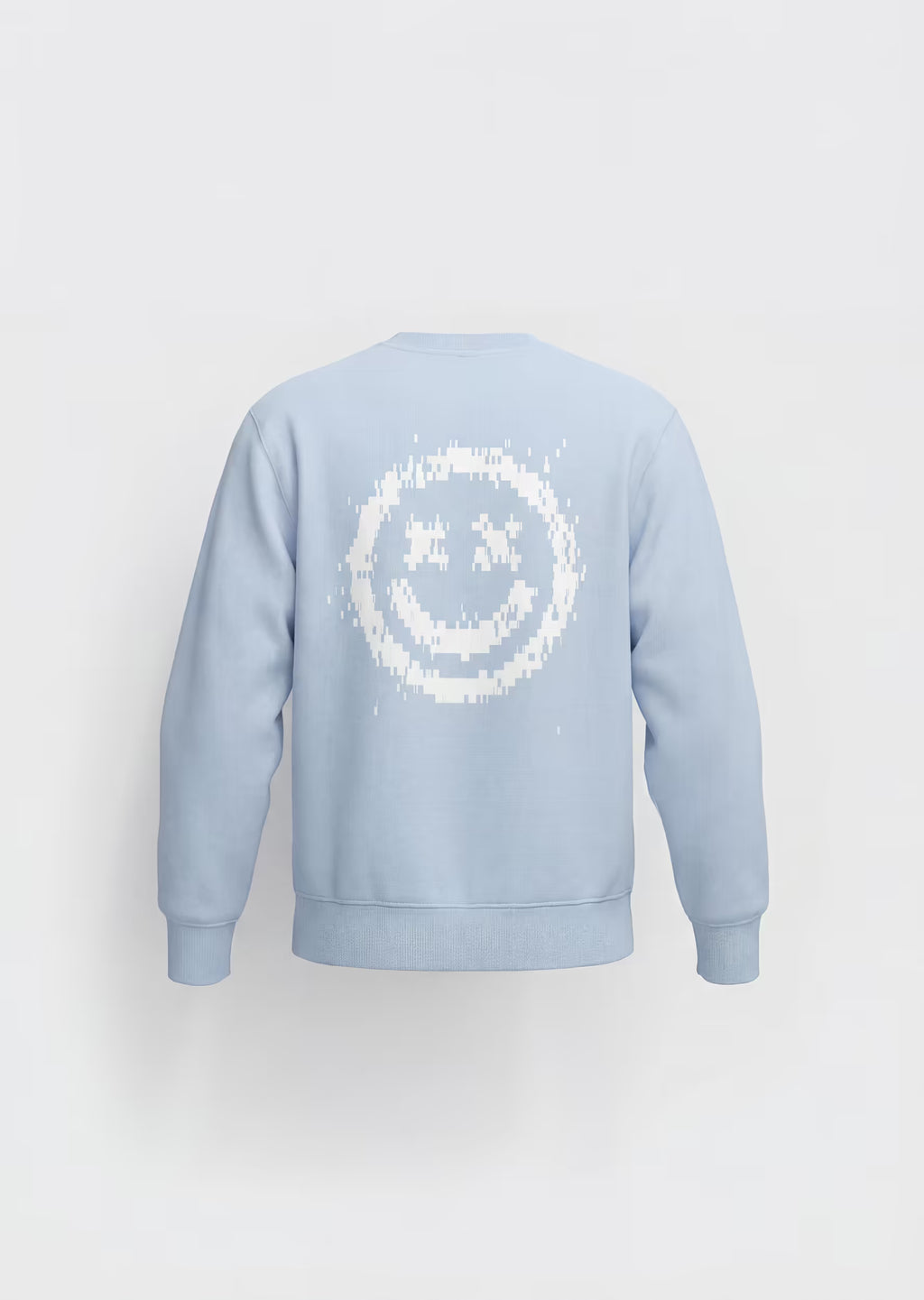 Sudadera Smiley Pixel Art Crystal Peppers azul celeste — vista trasera con serigrafía smiley blanca de efecto glitch y bordes pixelados