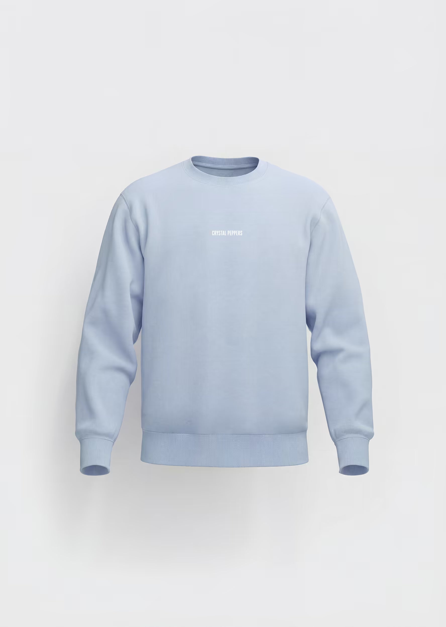 Sudadera Smiley Pixel Art Crystal Peppers azul celeste — vista frontal con logo Crystal Peppers serigrafiado en blanco centrado en el pecho
