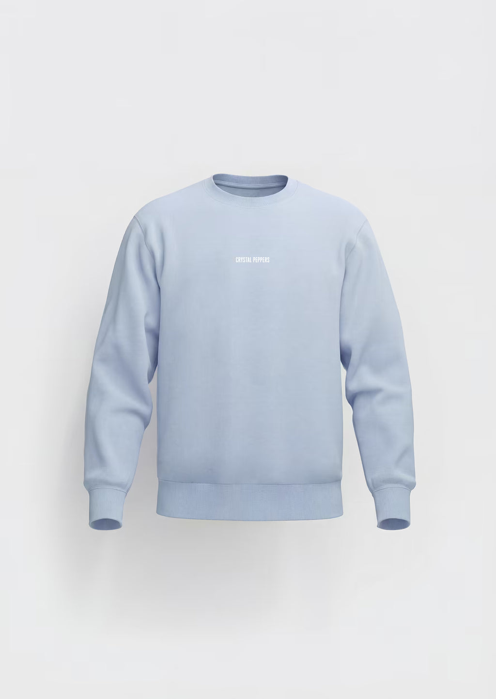 Sudadera Smiley Pixel Art Crystal Peppers azul celeste — vista frontal con logo Crystal Peppers serigrafiado en blanco centrado en el pecho